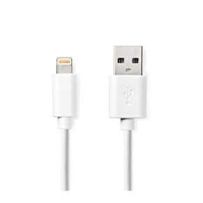 Nedis USB A 2.0 - Apple Lightning 2m -kaapeli on esitetty pystysuorassa, ja molemmat liittimet näkyvät valkoisella pohjalla.