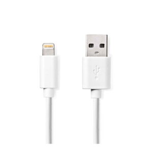 Nedis-USB-20---Apple-lightning-2m-02 The Nedis USB A 2.0 - Apple Lightning 2m cable is shown vertically, with both connectors shown on a white background.