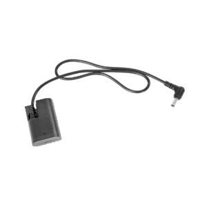 SmallRig_2919_DC5521_to_LP-E6_Dummy_Battery_Charging_Cable_001 The SmallRig 2919 DC5521 to LP-E6 Dummy Battery Charging Cable is a black dummy battery with a cable connected to a rectangular DC connector, which is shown on a white background.