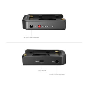 SmallRig_3168_NP-F_Battery_Adapter_Plate_Professional_Edition_005 Kaksi näkymää SmallRig 3168 NP-F -akkusovitinlevyn Professional Edition -versiosta: ylhäällä on 12 V DC-tulo, neljä merkkivaloa ja DC 5525 -portti; alhaalla on Type-C-portti, 7,4 V:n lähtö ja DC 5521 -portti.