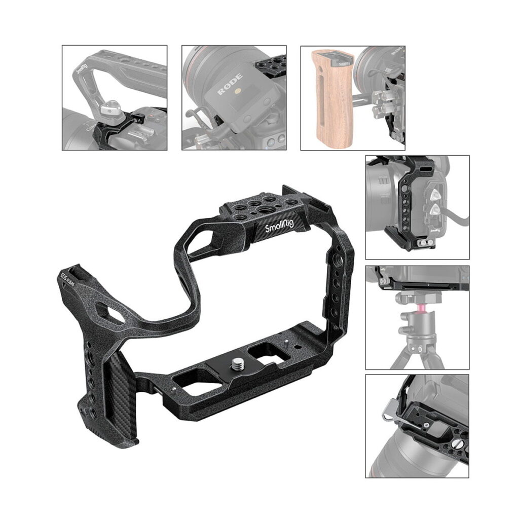 SmallRig_3233_EOS_R5_R6_Black_Mamba_Camera_Cage_006 SmallRig 3233 "Black Mamba" kamerahäkki Canon EOS R5/R5C/R6:lle, kuvassa mustana ja useilla kiinnityspisteillä. Sisäkuvat korostavat häkkiä kiinnitettynä kameroihin, lisävarusteiden kanssa käytettynä ja jalustalle asennettuna monipuolisia asetelmia varten.