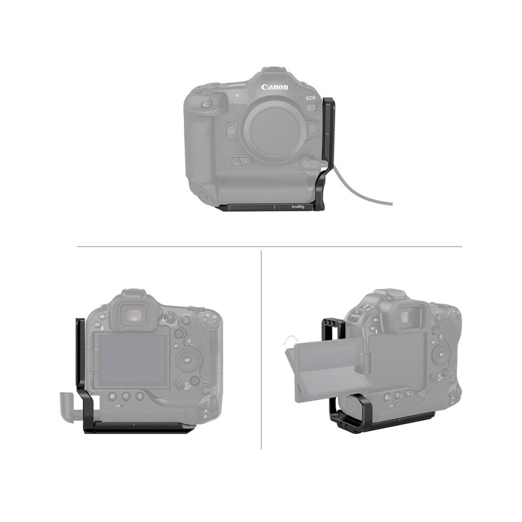 SmallRig_3628_L-Bracket_for_Canon_EOS_R3_3628_004 Kolme näkymää Canon EOS R3 -kamerasta, jossa on SmallRig 3628 L-kiinnike: edestä, takaa ja kulmasta. Kiinnike antaa turvallisen tuen ja mahdollistaa samalla avoimen pääsyn näyttöön ja portteihin.