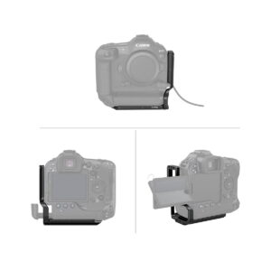 SmallRig_3628_L-Bracket_for_Canon_EOS_R3_3628_004 Kolme näkymää Canon EOS R3 -kamerasta, jossa on SmallRig 3628 L-kiinnike: edestä, takaa ja kulmasta. Kiinnike antaa turvallisen tuen ja mahdollistaa samalla avoimen pääsyn näyttöön ja portteihin.