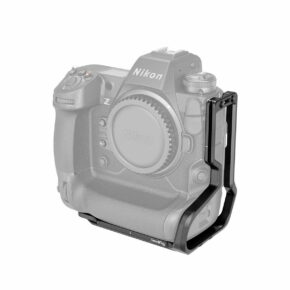 The SmallRig 3714 L-bracket for the Nikon Z9 is attached to the side and bottom of the Nikon Z9 camera body; in the photo, it is shown in shades of grey and partially transparent to highlight the bracket.