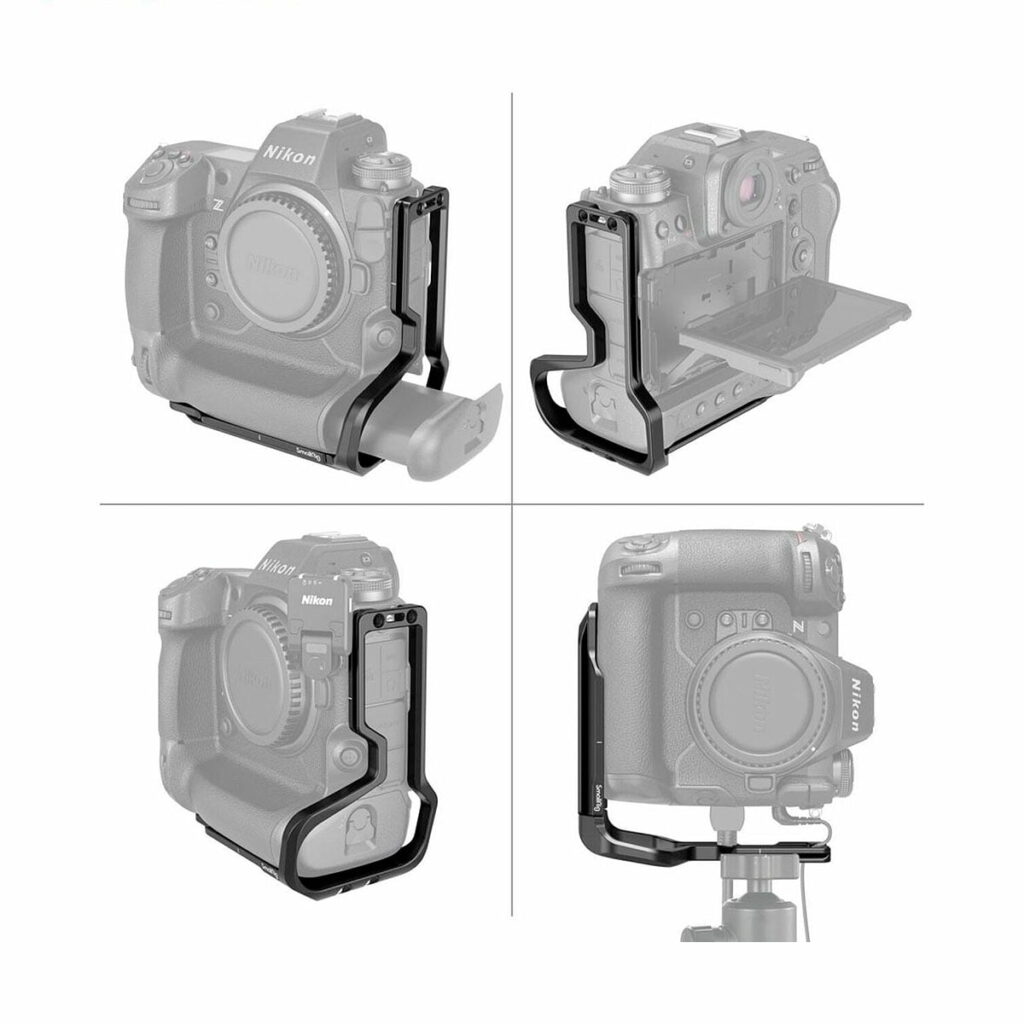 SmallRig_3714_L-Bracket_for_Nikon_Z9_004 SmallRig 3714 L-kiinnike Nikon Z9:lle näkyy kiinnitettynä Nikon-kameran runkoon neljästä kulmasta, mikä korostaa sen mustaa muotoilua ja tarkkaa yhteensopivuutta kameran kanssa.