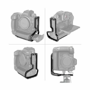 SmallRig_3714_L-Bracket_for_Nikon_Z9_004 SmallRig 3714 L-kiinnike Nikon Z9:lle näkyy kiinnitettynä Nikon-kameran runkoon neljästä kulmasta, mikä korostaa sen mustaa muotoilua ja tarkkaa yhteensopivuutta kameran kanssa.