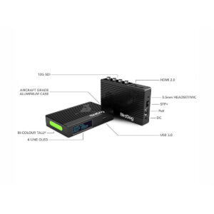 BirdDog_4K_Quad_NDI_Encoder_Decoder_004 Kuvassa on kaksi mustaa BirdDog 4K Quad NDI Encoder/Decoder -yksikköä, joissa on merkityt portit 12G SDI:lle, HDMI 2.0:lle, USB 3.0:lle, kaksiväriselle tallylle, DC-virralle, PoE:lle, 3,5 mm:n audiolle, SFP+:lle ja kestävälle lentokoneen alumiinikotelolle.