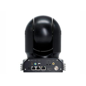 BirdDog_Eyes_P200_002 BirdDog Eyes P200 1080P Full NDI PTZ-kamera (HDMI/3G-SDI, musta) näkyy takaa, ja siinä on Ethernet-, HDMI-, USB-, ääniliitännät ja virransyöttöportit. Siinä on pyöristetty yläosa ja suorakulmainen pohja.