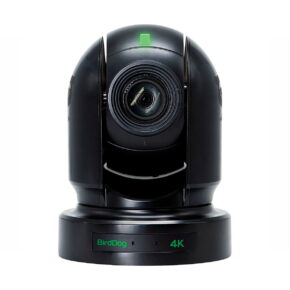 BirdDog_Eyes_P400_001 The black BirdDog Eyes P400 4K 10-Bit Full NDI PTZ camera HDMI/6G-SDI(Bl) with central lens, indicator light at the top and BirdDog 4K branding on the stand against a white background.