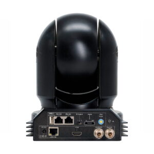 BirdDog_Eyes_P400_002 Kuvassa on BirdDog Eyes P400 4K 10-Bit Full NDI PTZ-kameran (HDMI/6G-SDI, musta) takaosa, jossa on HDMI-, LAN-, audio/video-, virtaportit, kaksi koaksiaaliliitintä ja tarrat.