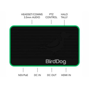 BirdDog_Flex_4K_HDMI_In_to_Full_NDI_Encoder_002 BirdDog Flex 4K HDMI In to Full NDI Encoder -muodossa on suorakulmainen muotoilu, jossa on vihreällä rajattu yläreuna, merkitty portit HEADSET/COMMS 3,5 mm AUDIO, PTZ CONTROL, HALO TALLY, NDI/PoE, DC IN, DC OUT ja HDMI IN. BirdDog-logo oikeassa alakulmassa.