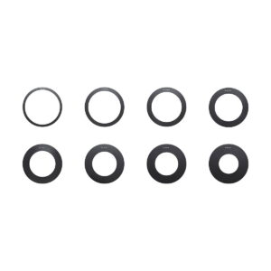 Godox_MF12_Set_of_Adapter_Rings_001 Kahdeksan mustaa pyöreää metallirengasta Godox MF12 -sovitinrenkaista on sijoitettu kahteen riviin valkoiselle taustalle, ja jokaisessa on pieni valkoinen teksti.