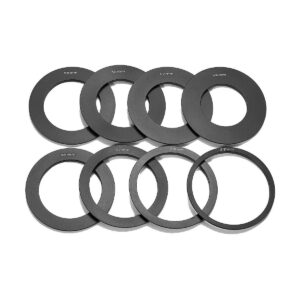 Godox_MF12_Set_of_Adapter_Rings_002 Godox MF12 -sovitinrengassarja sisältää kahdeksan mustaa metallirengasta, jotka ovat yhteensopivia Godox AD300 Pro -valaisimen kanssa. Jokainen rengas on merkitty millimetreinä ja esitetty kahdessa rivissä valkoisella pohjalla.