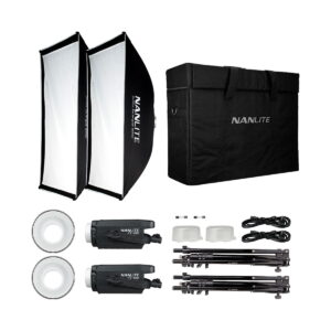 Nanlite_FS-150_LED_2_lightt_With_Stand_003 NANLITE FS-150 LED 2 Valon Kitti Jalustoissa on kaksi softboxia, valaisimet, heijastimet, jalustat, virtajohdot, diffuusorit ja musta Nanlite-kantolaukku valkoisella pohjalla.