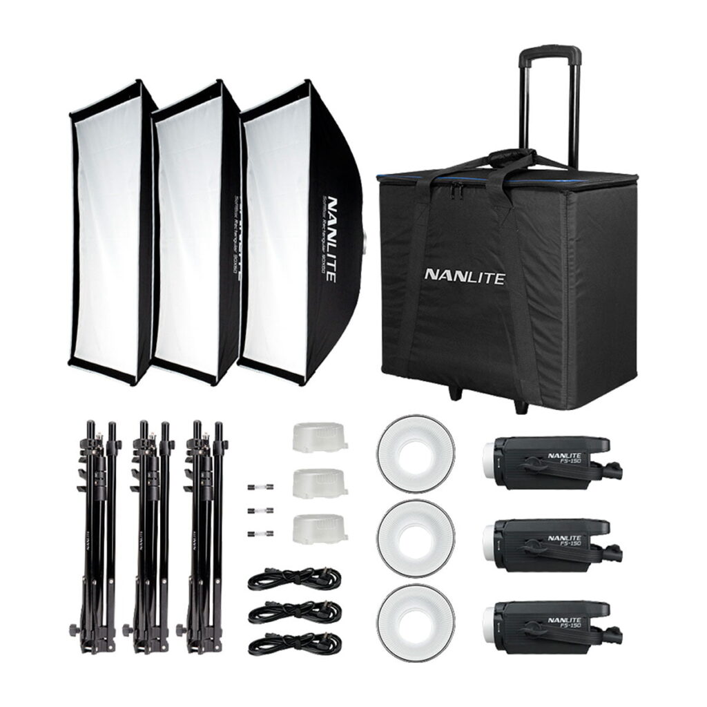 Nanlite_FS-150_LED_3_light_Kit_With_Stand_002 NANLITE FS-150 LED 3 Valon Kitti Jalustoilla sisältää kolme FS-150 LED-valoa, kolme valaisinjalustaa, softboxit, virtajohdot, kiinnitystarvikkeet ja suuren Nanlite-kantolaukun - kaiken studiokuvauksen valaistukseen tarvittavan.