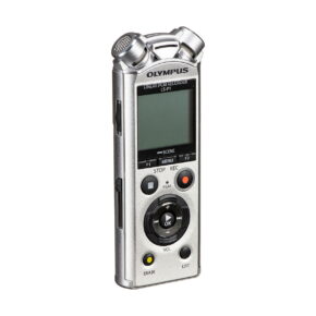 Olympus_LS-P1_0001 The Olympus LS-P1 audio recorder is a silver-coloured, hand-held linear PCM recorder with built-in stereo microphones, display, control buttons and a circular navigation keypad, displayed vertically against a white background.