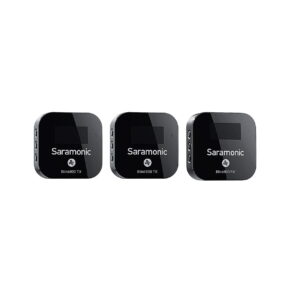 Saramonic_Blink_900_B2_Wireless_Mic_System_001 The three black Saramonic Blink 900 B2 wireless microphone transmitters and receivers are presented side by side on a white background, each with a small screen and side ports.