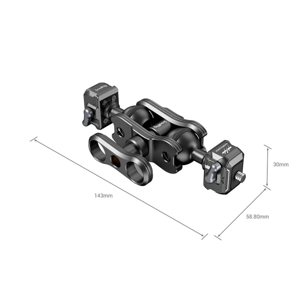 SmallRig_3515_Articulating_Arm_with_Dual_Ballheads_Talon_Mini_003 SmallRig 3515 -nivelvarren nivelvarren 3D-versio, jossa on kaksi kuulapäitä Talon Mini (musta), pituus 143 mm, korkeus 30 mm ja leveys 58,8 mm. Sisältää kaksi kiinnityspäätä, kaksi kääntyvää niveltä ja merkittyjä lukitusruuveja.