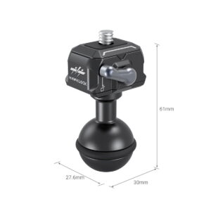 SmallRig_3600_Quick_Release_Ballhead_Talon_Mini_002 Musta SmallRig 3600 Quick Release Ballhead Talon Mini -kamerakiinnike, jossa on pallonivel, hopeinen kiristysvipu ja mittaustarrat: 61 mm korkeus, 27,6 mm leveys ja 30 mm syvyys.