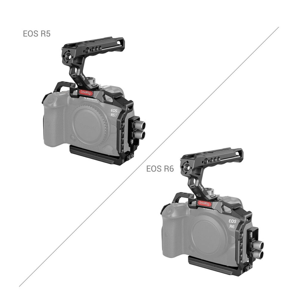 SmallRig_3830_Handheld_Kit_for_Canon_EOS_R5_R6_R5_C_007 Kaksi EOS R5- ja R6-kameraa on varustettu kumpikin SmallRig 3830 Handheld Kitillä, joka sisältää mustan kamerahäkin ja yläkahvan. EOS R5 näkyy vasemmalla ylhäällä ja EOS R6 oikealla alhaalla.