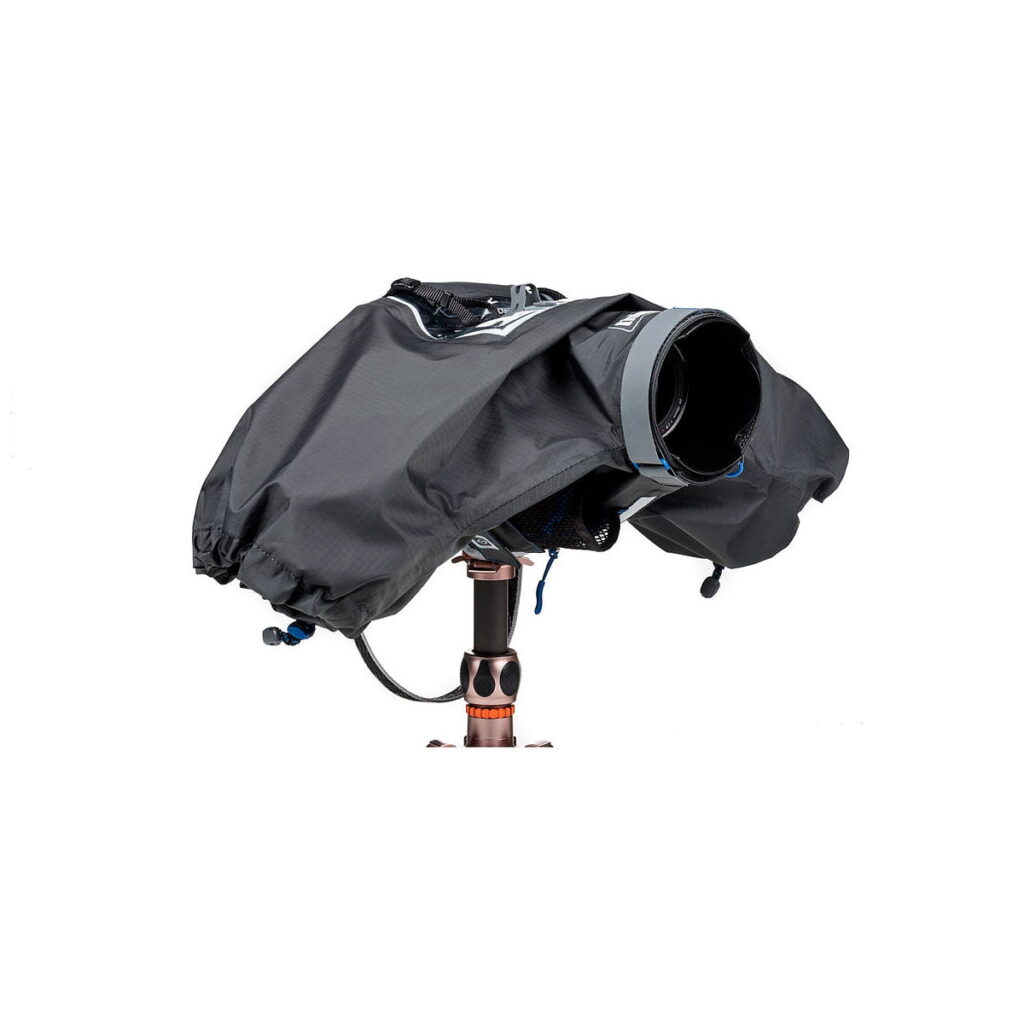 Think_Tank_Photo_Hydrophobia_D_24-70_V3_002 The Think Tank Hydrophobia D 24-70 V3 Rainshield protects the tripod-mounted camera from the weather and completely encloses it, while allowing the lens to protrude through the aperture for shooting.
