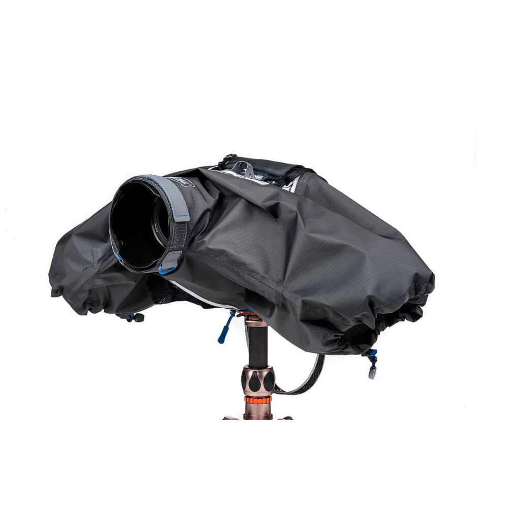 Think_Tank_Photo_Hydrophobia_D_24-70_V3_003 The Think Tank Hydrophobia D 24-70 V3 is a black rain cover that protects your tripod-mounted camera and lens, shielding your equipment from water and dust while keeping the lens open for shooting.