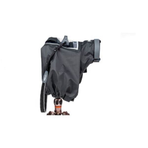 Think_Tank_Photo_Hydrophobia_D_24-70_V3_004 Think Tank Hydrophobia D 24-70 V3, a black rain cover with clear window and zippered openings, protects a professional camera mounted on a tripod and insulated on a white background.