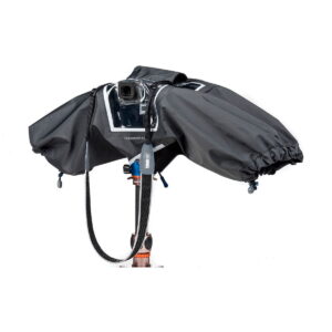 Think_Tank_Photo_Hydrophobia_D_24-70_V3_005 The Think Tank Hydrophobia D 24-70 V3 is a black, waterproof rain cover with adjustable drawstrings and a clear window to protect the professional camera on the tripod from wet weather conditions.