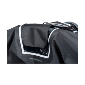 Think_Tank_Photo_Hydrophobia_D_24-70_V3_006 Close-up of the Think Tank Hydrophobia D 24-70 V3 rain cover in black with white trim, durable fabric, transparent window for camera controls and a top flap that partially covers the camera.