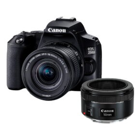 Canon_EOS_250D_EF-S_18-55mm_f_3_5-5_6_IS_STM_50mm_1_8_001 The Canon EOS 250D with the EF-S 18-55mm f/4-5.6 IS STM lens is shown next to a separate 50mm f/1.8 lens, both against a white background.