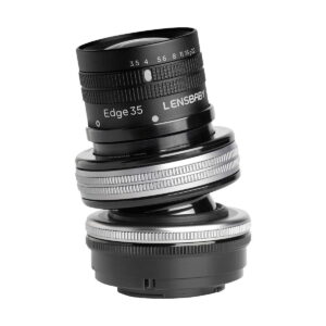 Black and silver Lensbaby Composer Pro II + Edge 35 lens for Sony E, featuring a flexible tilting design with adjustment rings and marked aperture settings, isolated on a white background.