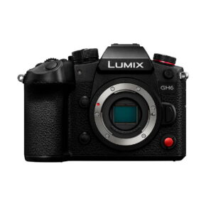 Front view of the black Panasonic Lumix GH6 system camera, showing the lens mount, brand name, control dials and various buttons.