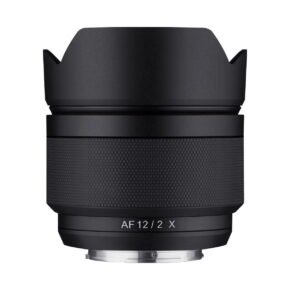 Samyang AF 12mm f/2 lens for Fuji X, with black textured grip, petal-shaped hood and metal mounting base. "AF 12/2 X" is marked on the front. The lens is photographed against a plain white background.