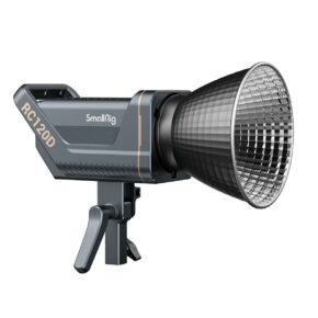 SmallRig_3615_RC_120D_Daylight_Point-Source_Video_Light_001 The SmallRig 3612 RC 120D Daylight Point-Source Video Light with large reflector is mounted on an adjustable bracket, shown against a white background.