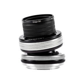 lensbaby_edge_80 Mustan ja hopeanvärinen Lensbaby Composer Pro II + Edge 80 Sony E:lle, jossa on kallistettu muotoilu, näkyy valkoisella pohjalla.