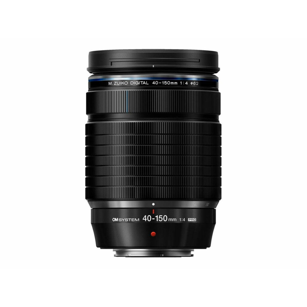 om_system_mzuiko_40-150mm_pro_02 Mustassa OM SYSTEM M.Zuiko Digital 40-150mm f/4 Pro -objektiivissa, joka on pystyssä valkoisella pohjalla, on kuvioitu zoomausrengas ja valkoiset objektiivimerkinnät. Saat 200€ käteispalautusta tämän tuotteen kanssa.