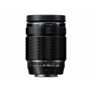 om_system_mzuiko_40-150mm_pro_02 Mustassa OM SYSTEM M.Zuiko Digital 40-150mm f/4 Pro -objektiivissa, joka on pystyssä valkoisella pohjalla, on kuvioitu zoomausrengas ja valkoiset objektiivimerkinnät. Saat 200€ käteispalautusta tämän tuotteen kanssa.