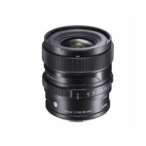sigma_20mm_dg_dn_c_04 A Sigma 20mm f/2 DG DN C lens (Sony E), black, with ribbed focus ring, aperture control and white engraved markings, standing upright against a white background.