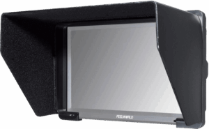 800q-01_116416 The Feelworld LUT 6 Sunhood is a rectangular black sunhood attached to an external camera screen with the FEELWORLD label on the bottom, designed to reduce screen glare when shooting outdoors.