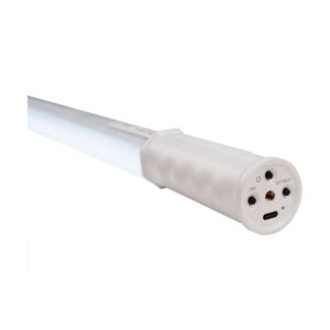 NANLITE_PavoTube_T8-7X_1_kit_005 A close-up view of the NANLITE PavoTube T8-7X 1 kit LED tube luminaire shows its white body with textured handle, end cap with control buttons, charging socket and DIM and CCT/MODE markings on a plain white background.