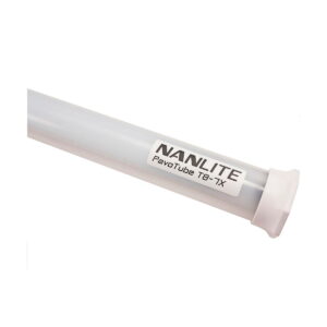 NANLITE_PavoTube_T8-7X_1_kit_006 Close-up of the NANLITE PavoTube T8-7X 1 series, a cylindrical LED tube with a white cap and model name label on its translucent body.
