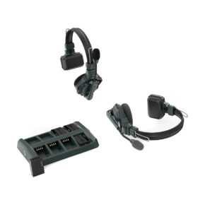 Hollyland_Solidcom_C1_Full_Duplex_Wireless_Intercom_System_with_2_headsets_001 Two dark green and black Hollyland Solidcom C1 full duplex wireless intercom headsets with attached microphones are displayed on a white background next to a multi-seat charging station.