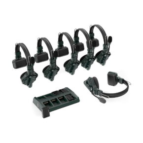 Hollyland_Solidcom_C1_Full_Duplex_Wireless_Intercom_System_with_6_headsets_001 Six dark green and black Hollyland Solidcom C1 Full Duplex Wireless Intercom System headsets are lined up next to the charging stand on a white background.