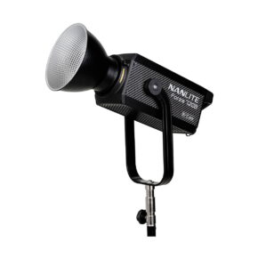 NANLITE_Forza_720B_Bi-Color_LED_Spotlight_001 NANLITE Forza 720B Bi-Color LED Monolight, with a large reflector mounted on a black U-shaped fork and attached to a light stand, isolated against a white background.