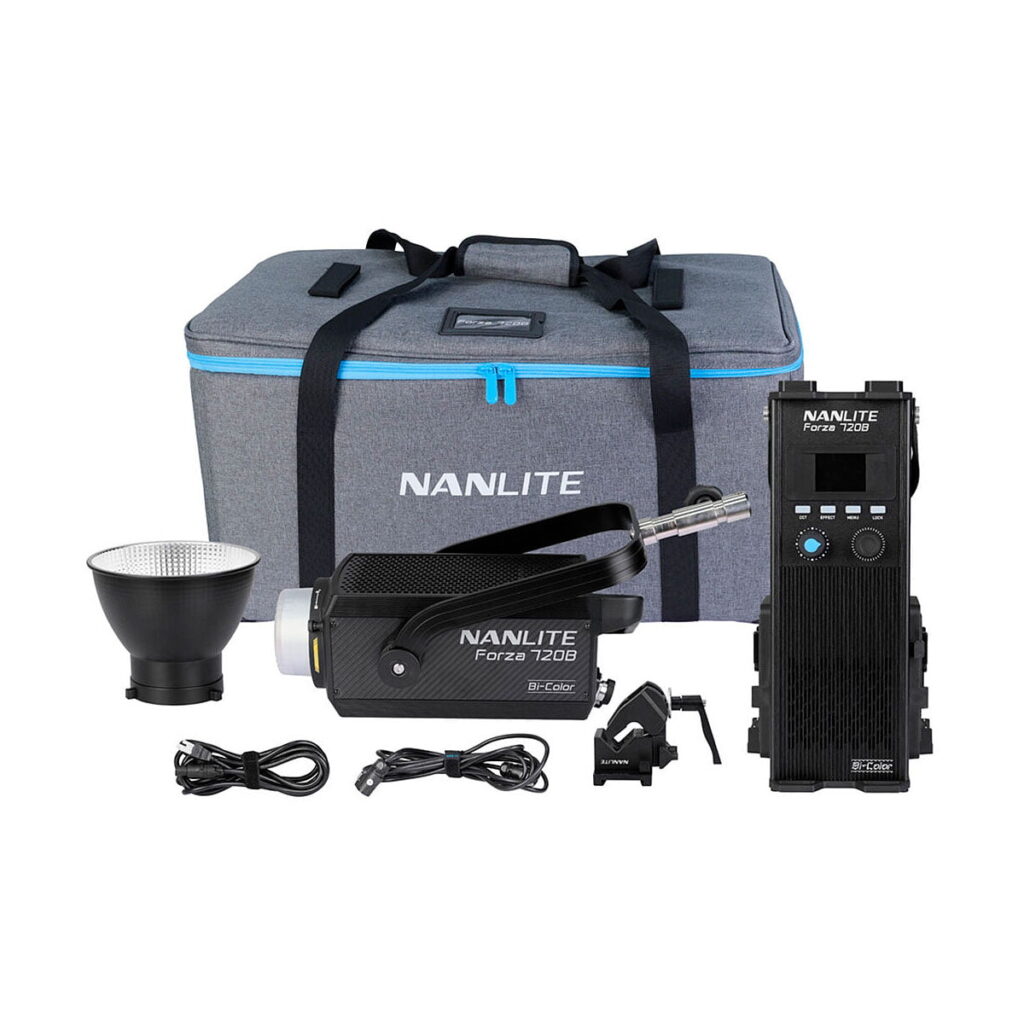 NANLITE_Forza_720B_Bi-Color_LED_Spotlight_002 NANLITE Forza 720B Bi-Color LED Monolight -valaisinsarja, jossa on kantolaukku, valaisinyksikkö, virtalähde, kaapelit, heijastin, kiinnike ja lisävarusteet valkoisella pohjalla.