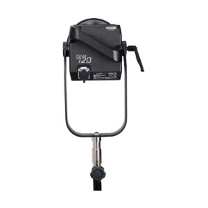 NANLITE_Forza_720_LED_Spotlight_010 NANLITE Forza 720 LED Monolight mustana, asennettuna jalustalle ja näytettynä takaa, jossa säätöpyörät ja merkinnät näkyvät valkoista taustaa vasten.