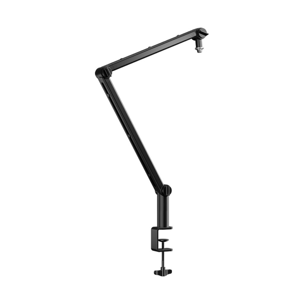 Saramonic_Microphone_Boom_Arm_SR-HC5_001 Saramonic SR-HC5 on musta, säädettävä mikrofonin puominvarsi, jossa on pöytäkiinnitykseen tarkoitettu kiinnike, kuvassa eristettynä valkoisella taustalla.