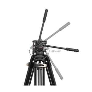 SmallRig_3751_Heavy-Duty_Fluid_Head_Tripod_AD-01_002 SmallRig 3751 Heavy-Duty Fluid Head Tripod AD-01, kuvassa mustana, sisältää pano- ja kääntöpään, jossa on kahvat, joiden kallistusalue on -75° - +90° kolmessa asennossa, mikä osoittaa sen säädettävän liikkeen.