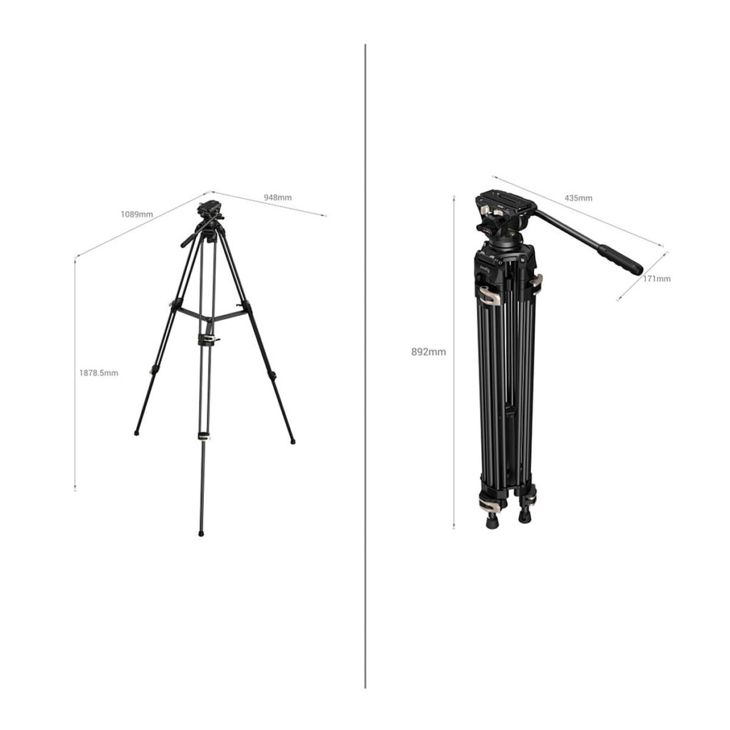 SmallRig_3751_Heavy-Duty_Fluid_Head_Tripod_AD-01_005 SmallRig 3751 Heavy-Duty Fluid Head Tripod AD-01:stä on kaksi näkymää: täysin ulosvedettynä 1878,5 mm korkea ja 948 mm leveä, ja kokoontaitettuna 892 mm pitkä ja 435 mm leveä, kahva 171 mm. Kaikki mitat millimetreinä.
