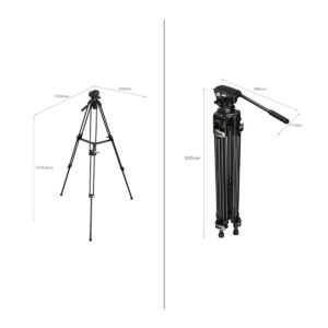 SmallRig_3751_Heavy-Duty_Fluid_Head_Tripod_AD-01_005 SmallRig 3751 Heavy-Duty Fluid Head Tripod AD-01:stä on kaksi näkymää: täysin ulosvedettynä 1878,5 mm korkea ja 948 mm leveä, ja kokoontaitettuna 892 mm pitkä ja 435 mm leveä, kahva 171 mm. Kaikki mitat millimetreinä.